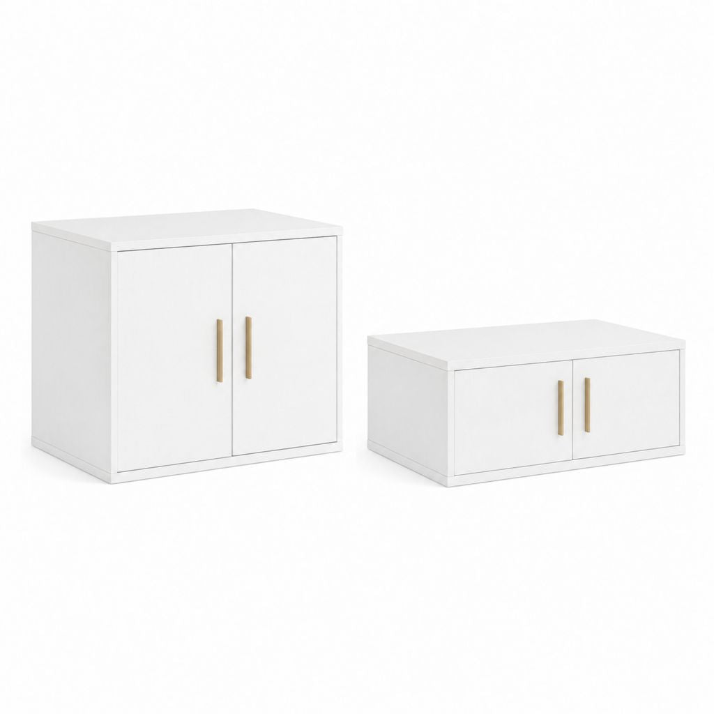 Lot de 2 tables de chevet blanches en MDF rectangulaires à 2 portes 60 x 30 x 70 cm et 60 x 30 x 30 cm