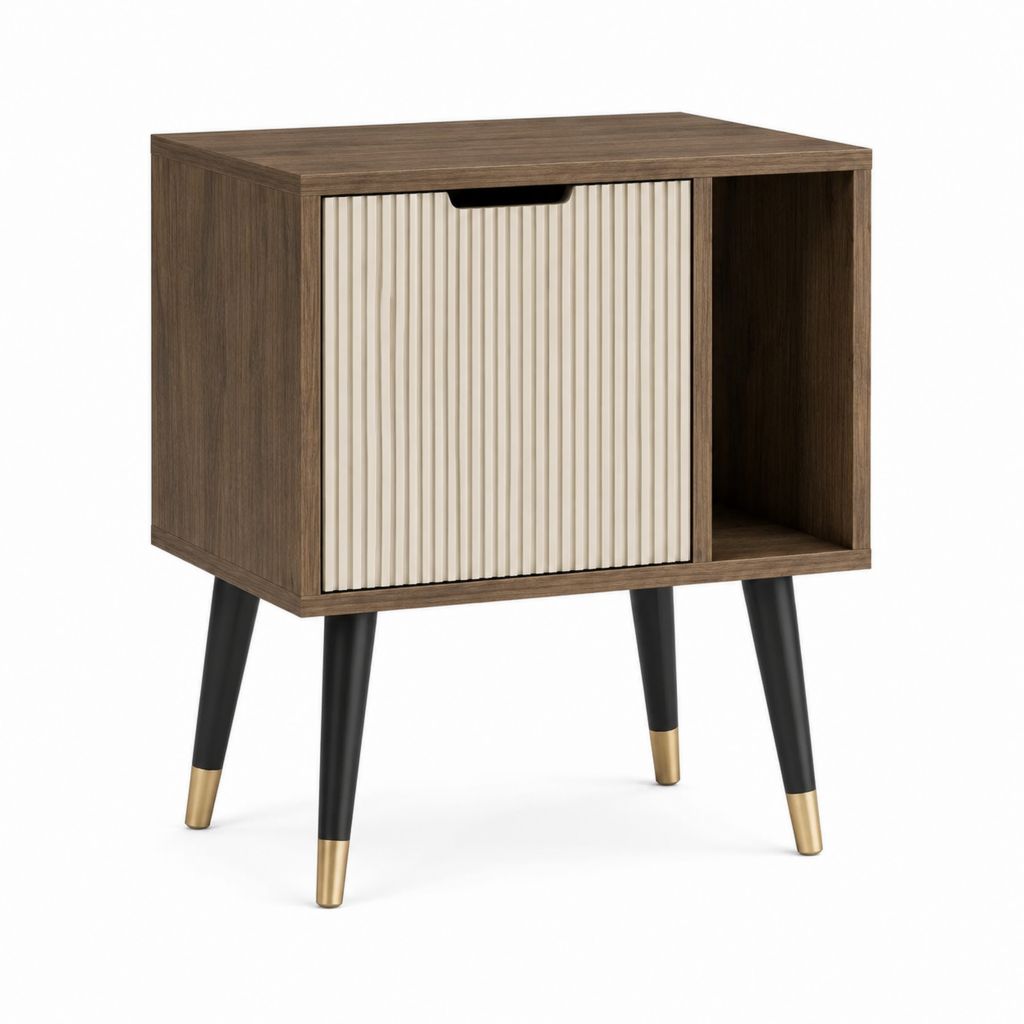 Table de chevet à 1 porte et niche ouverte noyer crème en MDF 45 x 35 x 60 cm