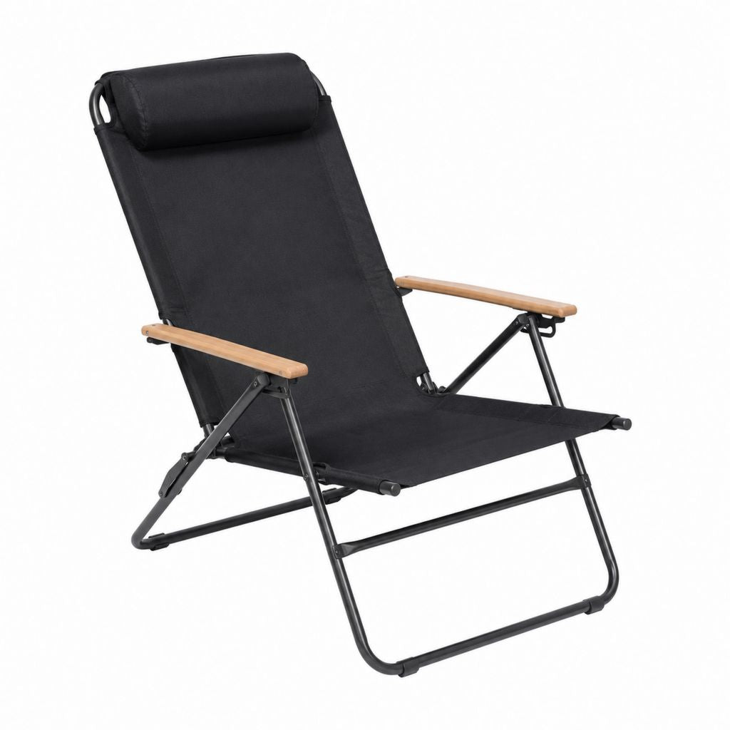 Bain de soleil pliant noir en polyester et acier avec accoudoirs en bois 96 x 60 x 88 cm