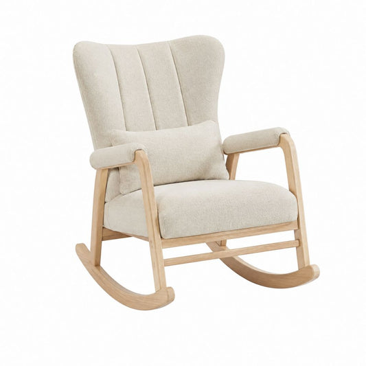 Fauteuil à bascule beige en polyester et hévéa massif 68 x 90 x 106 cm