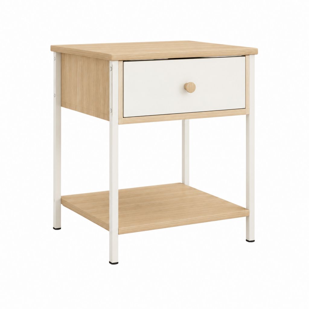 Table de chevet avec tiroir blanc et chêne en panneaux MDF et acier 40 x 40 x 55 cm