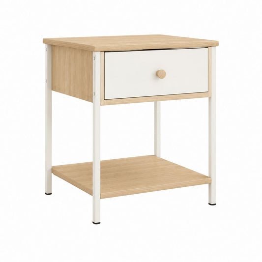 Table de chevet avec tiroir blanc et chêne en panneaux MDF et acier 40 x 40 x 55 cm