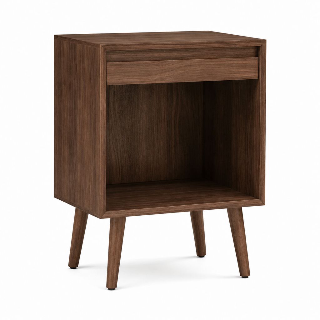 Table de chevet marron noyer en panneaux MDF 40 x 35 x 60 cm avec tiroir et niche ouverte