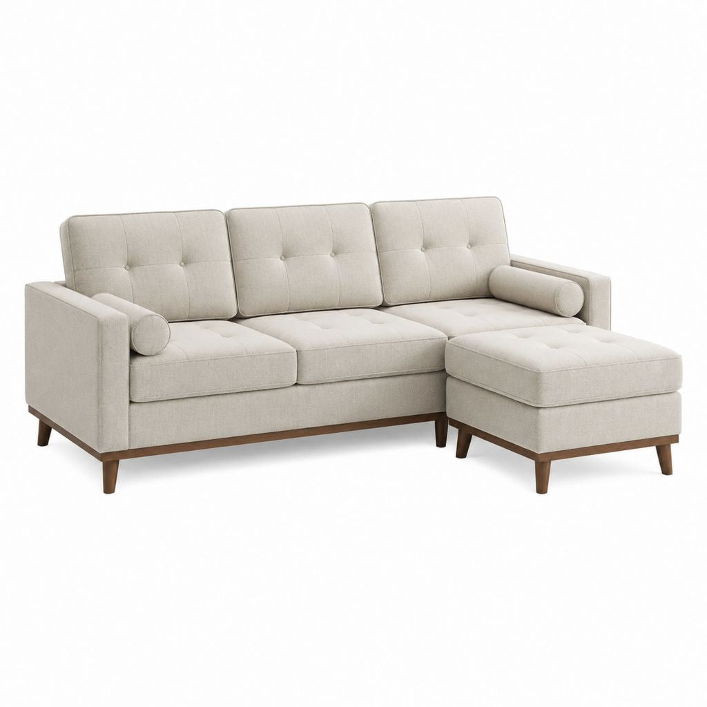 Canapé 3 places avec pouf beige en polyester forme droite 220 x 88 x 85 cm