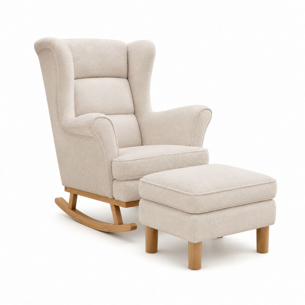 Fauteuil à bascule avec repose-pieds crème en polyester bouclé et bois massif 70 x 96 x 103 cm