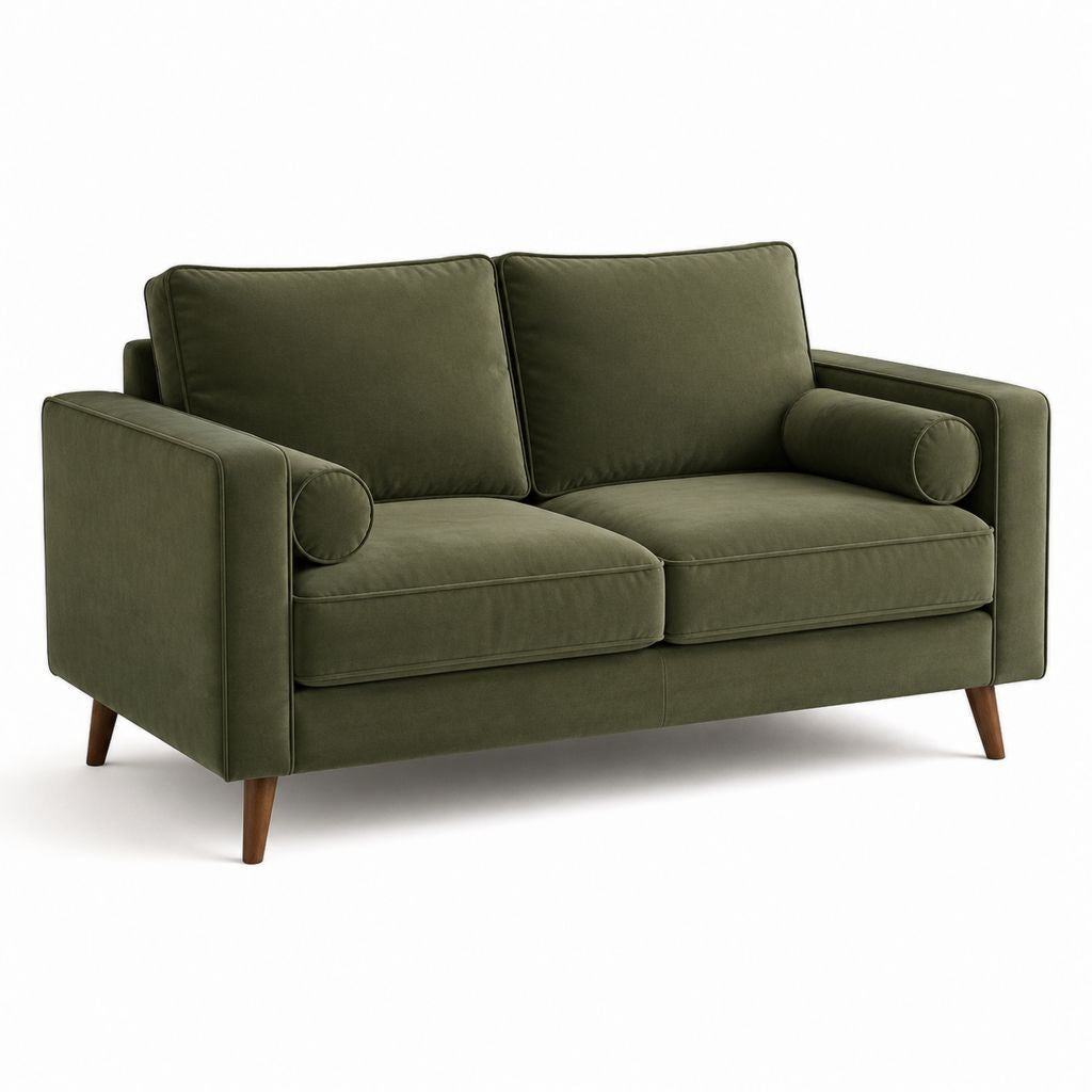 Canapé 2 places vert olive en velours de polyester avec pieds en hévéa massif 160 x 86 x 86 cm