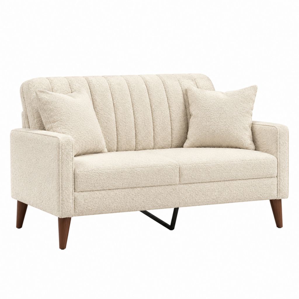 Canapé 2 places beige en polyester bouclé avec pieds en hévéa 145 x 82 x 86 cm