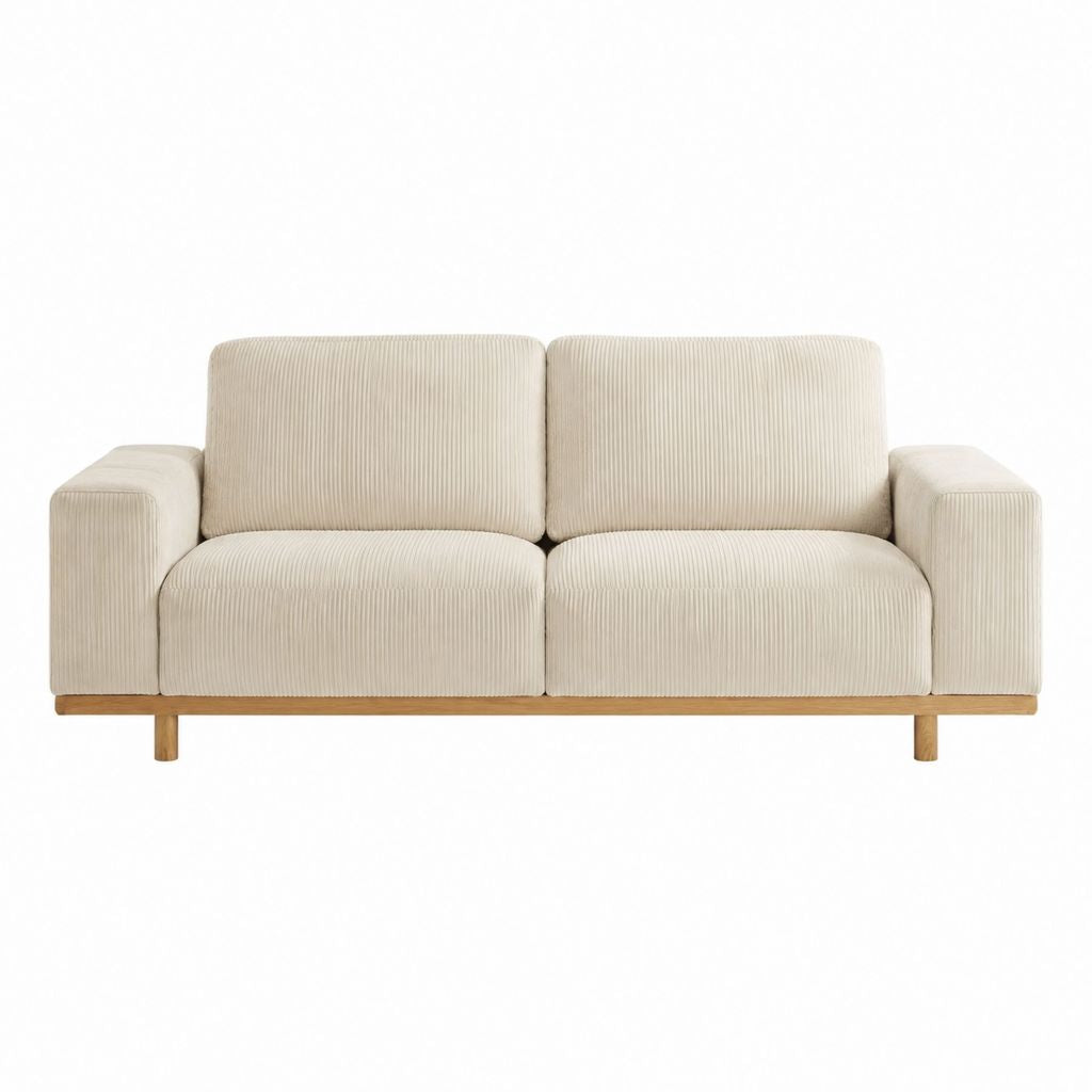 Canapé 2 places beige en velours côtelé polyester avec pieds en bois massif 160 x 85 x 82 cm
