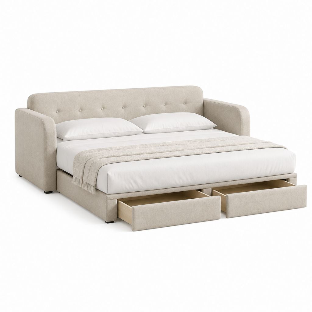 Lit canapé capitonné beige en polyester avec 2 tiroirs 160 x 200 cm 220 x 180 x 100 cm
