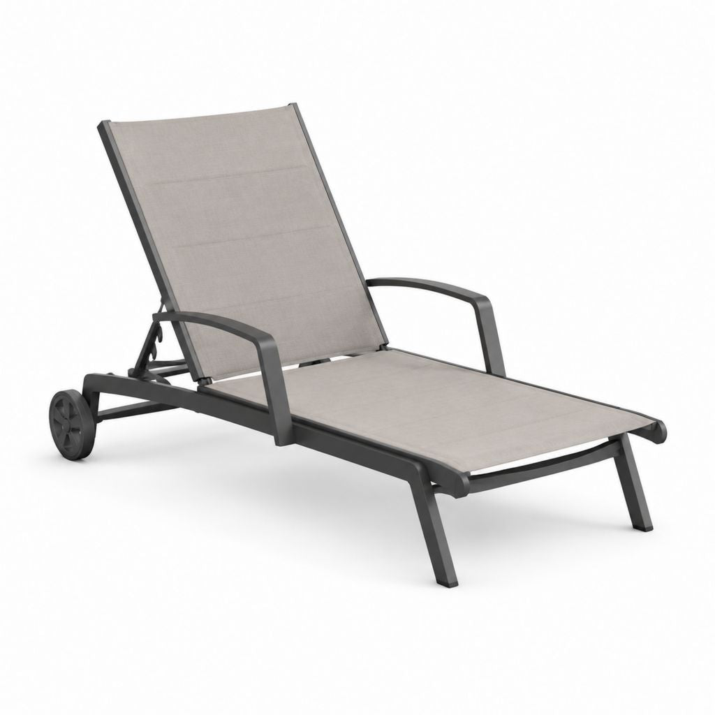 Bain de soleil inclinable gris en aluminium et textilène 195 x 65 x 95 cm avec roues