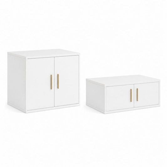 Lot de 2 tables de chevet blanches en MDF rectangulaires à 2 portes 60 x 30 x 70 cm et 60 x 30 x 30 cm