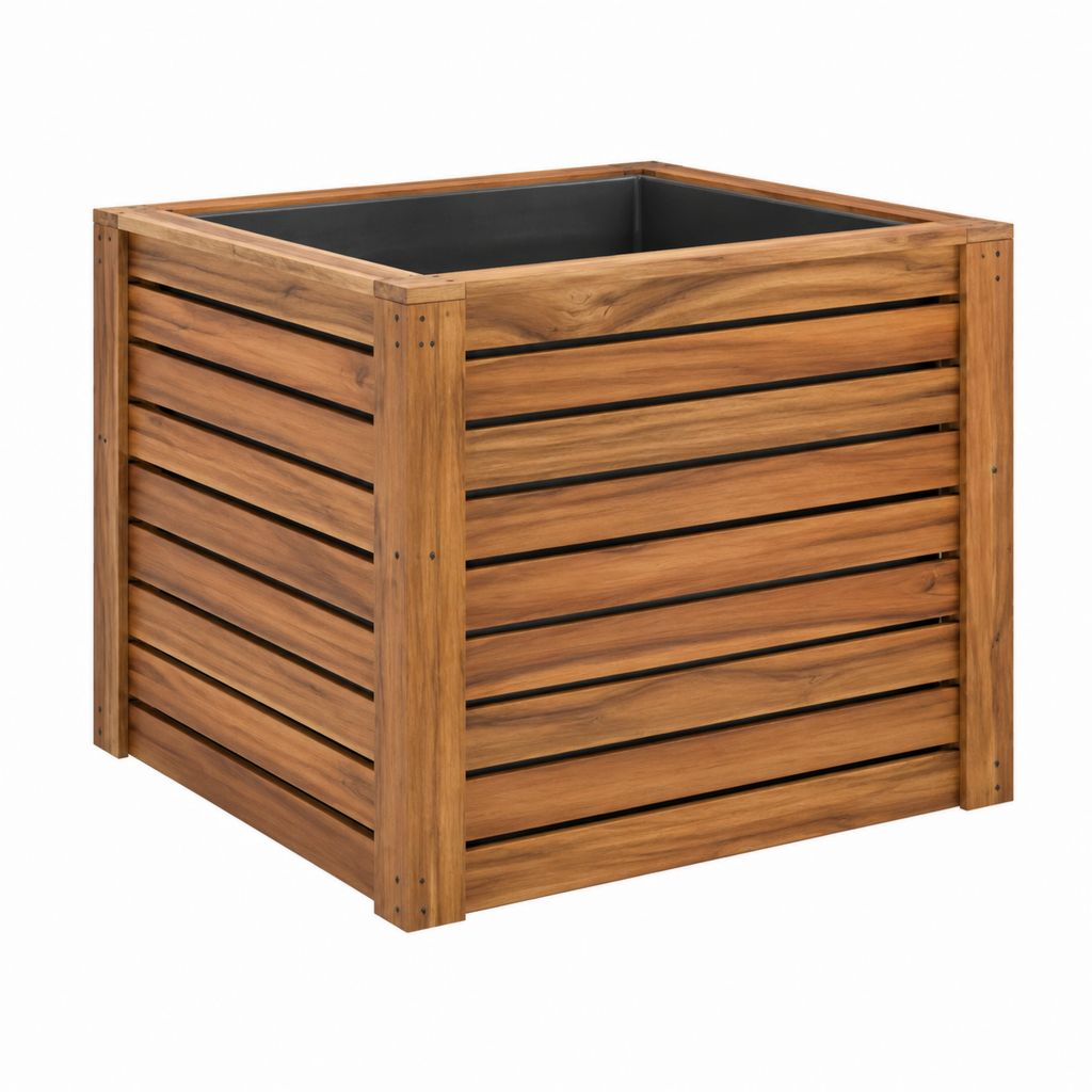 Jardinière carrée en bois d'acacia massif marron avec bac intérieur en PP 80 x 80 x 70 cm