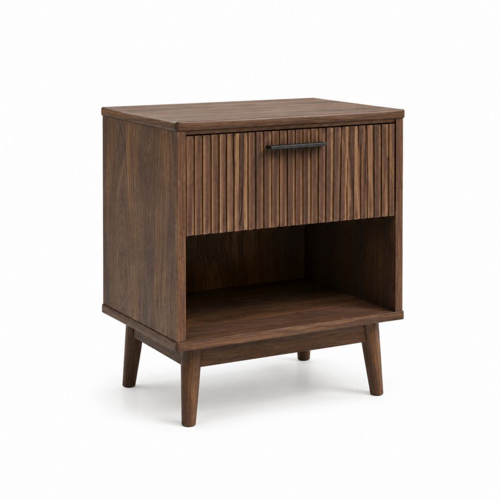 Table de chevet marron en bois de noyer massif avec tiroir et niche ouverte 45 x 40 x 60 cm