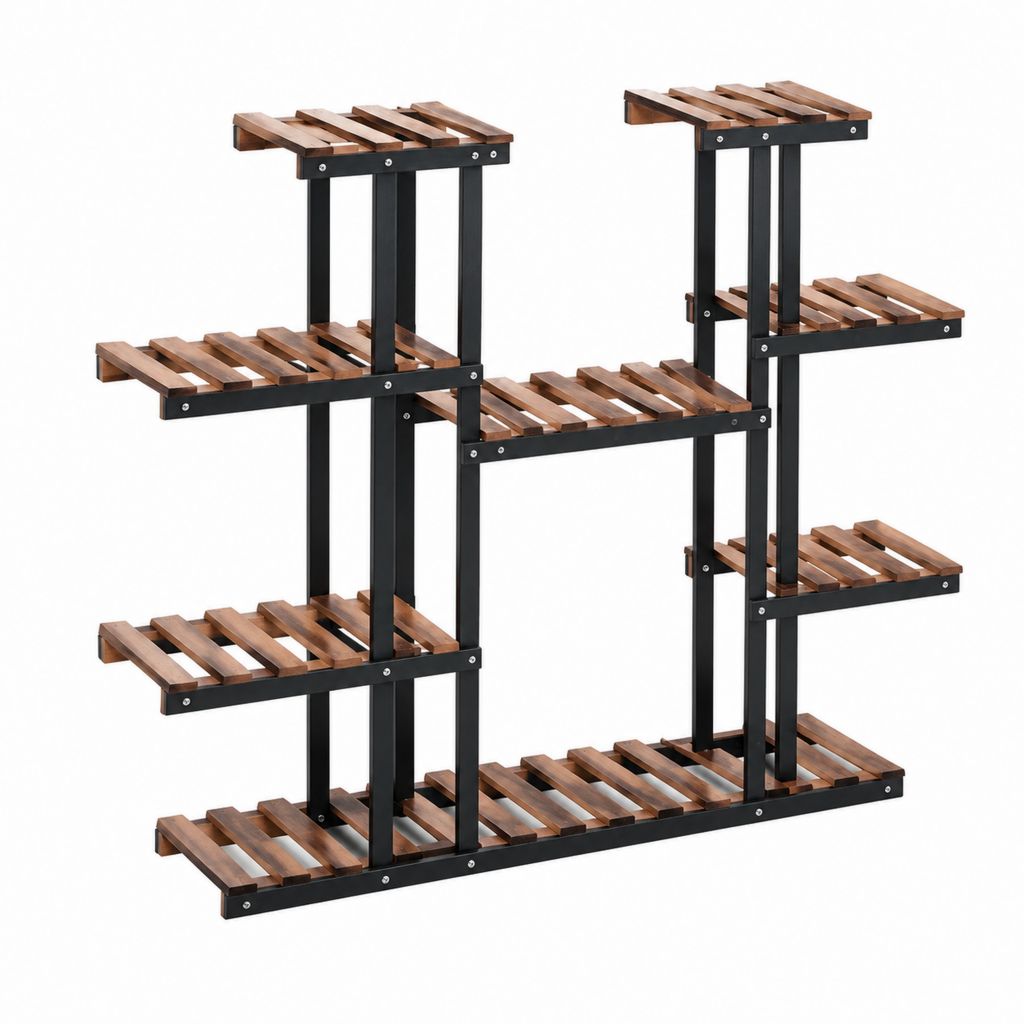 Étagère porte-plantes rectangulaire à 8 niveaux en bois de sapin brun et noir 120 x 25 x 120 cm
