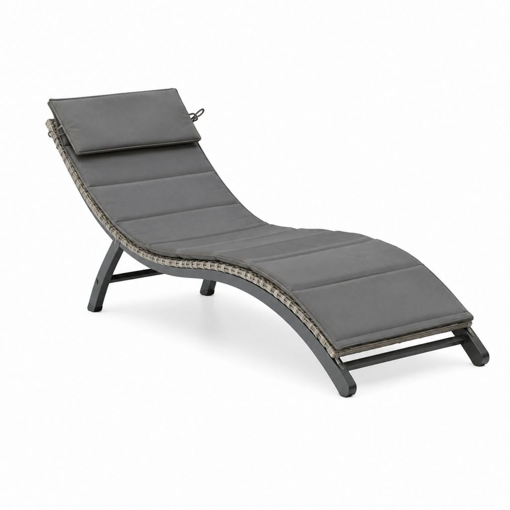 Bain de soleil incurvé gris en acier et résine tressée avec coussin 198 x 66 x 32 cm